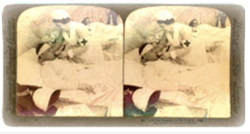 Stereograph of a nurse tending a wounded soldier during the Boer War. The image on the right is taken from a slightly different angle from that on the left. When viewed through a stereoscope, one of the earliest forms of image manipulation technology, the two images appear as one 3D image.